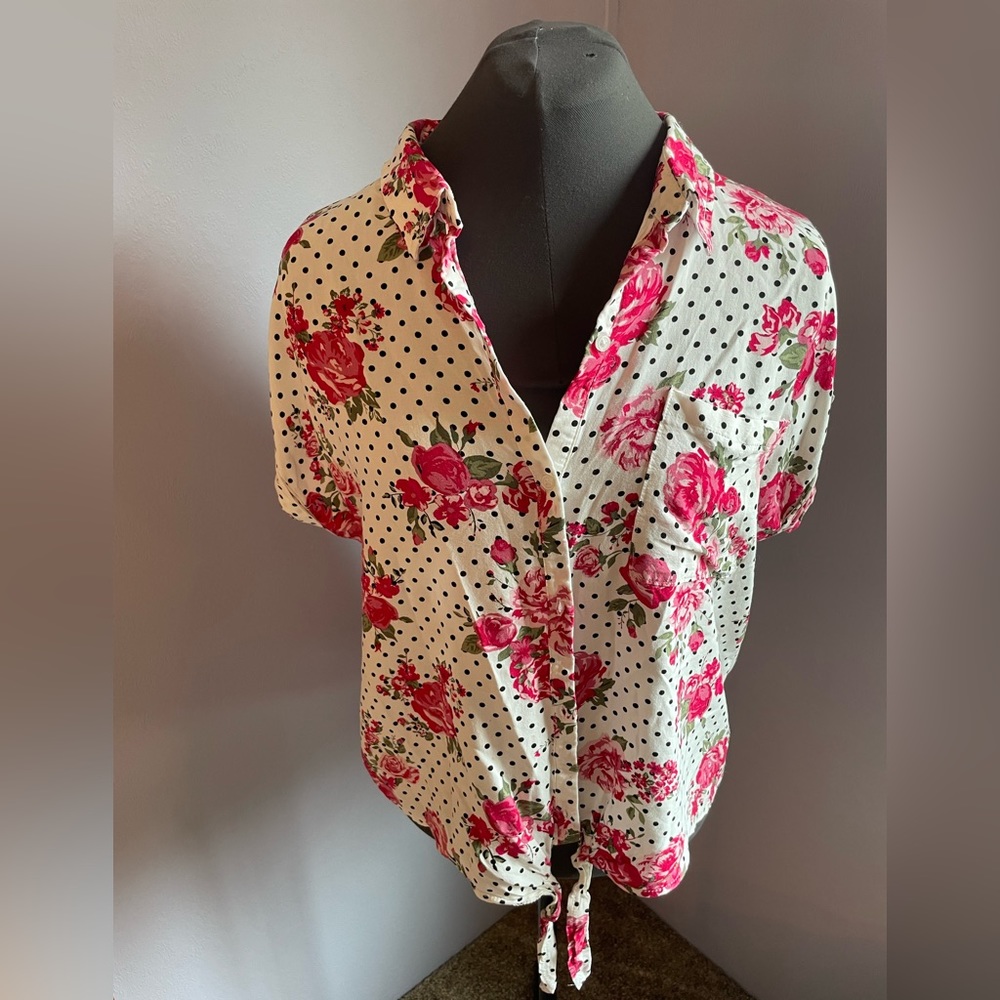 Tie Front Dots & Roses Button Down Blouse